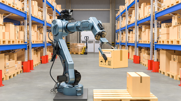 Image Depicting Industrial Collaborative Robot Holding A Package In Warehouse Industry.